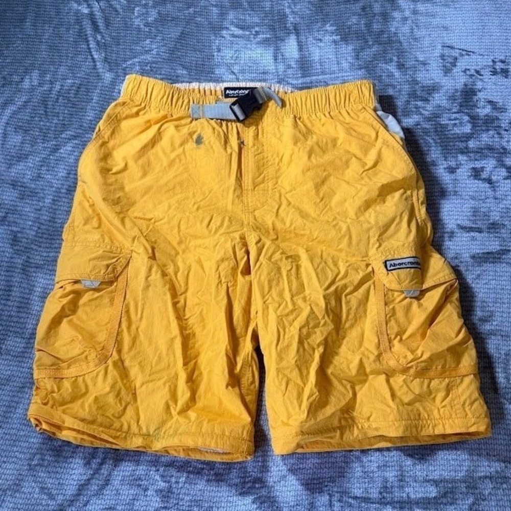 Vintage Abercrombie & Fitch Yellow Nylon Cargo Shorts Mens Large Hiking Belted